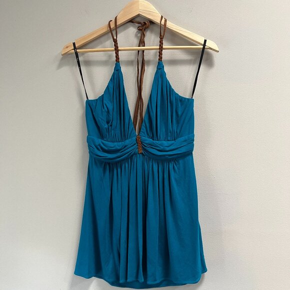 Sky Women's Halter Top Teal Blue Plunge‎ Leather Tie Sexy Boho NEW Large - Picture 1 of 4